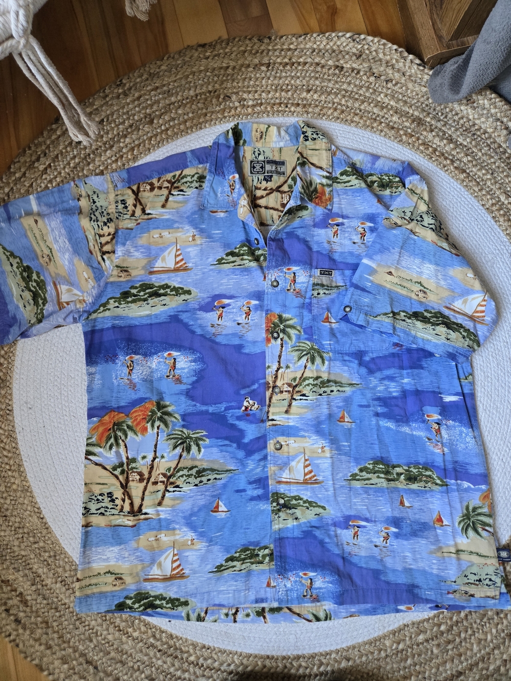 Vintage 90s Aloha Blue Tropical Hawaiian Camp Shirt Beach Vacation